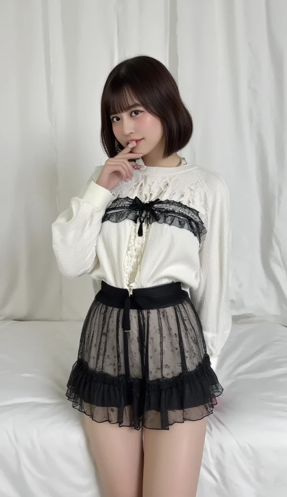A closeup of a woman sitting on the floor wearing a skirt, cruel korean goth girl, white blouse and gothic boots, roupas witchcore, the anime girl is crouching, 1 7 - year - old anime goth girl, goth girl aesthetic, bladed wings lace wear, estilo sensual sombrio, Gothic attire, gothic horror vibes, pale young ghost girl