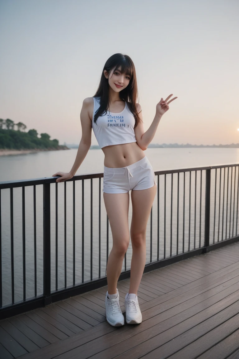 (masterpiece:1.3), (8 thousand, realistic, RAW photos, best quality: 1.4), (1 woman),(((short workout shorts))), (((tank top))), ((두 다리와 양쪽 발에 짙은색 realistic 불투명한 커피색 팬티 스킹 : 1.3))), (Stockings on both legs), (((Small, beautiful feet in stockings and sneakers on))), ((full body shot))), (outdoors in sunny weather), (walking like a model), (Beautiful makeover), (((very slim and beautiful body))) , (((Realistic and very beautiful face))), (long eyelashes), (double eyelid), (((Very beautiful eyes, realistic and delicate))), (((big bust))) , (((Strong body through exercise))), (((beautiful abs))), (((Beautiful heaps))), (((tall))), (((brown hair, parted, long hair:1.3))), (아름다운 parted스타일), (realistic and beautiful skin), (absurd), (attractive), (((long hair를 뒤로 묶고))), (ultra high resolution), (extremely realistic), (very detailed), (((golden ratio))), (((Two long, realistic and beautiful legs))), (((realistic and beautiful arms))), (necklace), (earring),(beautiful nails manicure), (((So beautiful and sexy))), (((high nose))), (((small nostrils))), (((beautiful mouth))), (((seductive lips))), (((big bust)))