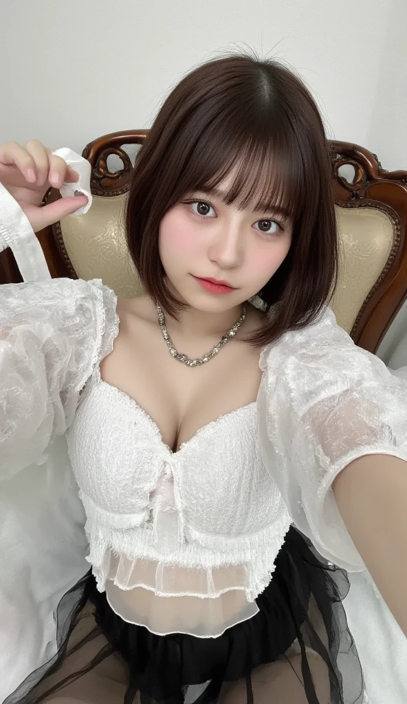 (highest quality、8K、32K、masterpiece、nffsw:1.2)、((５Beautiful fingers in a book))photo of cute japanese woman、big breasts、very short bobbed hair、whole body、underwear、beautiful feet、necklace、 balanced body、、Inside the car、Hand Sign）verbal invitation, she keeps her mouth open, (just enough to make ends meet)