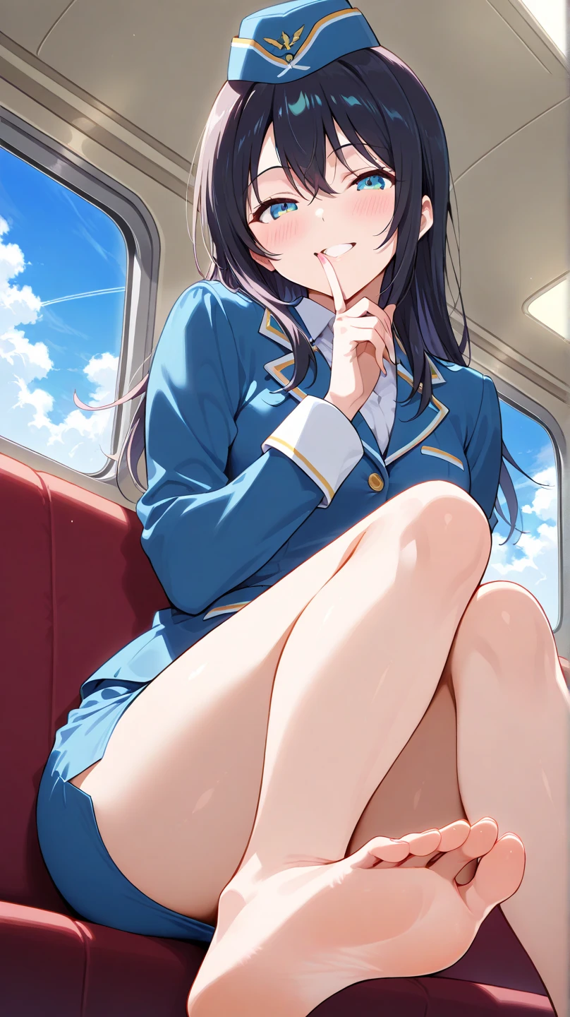 Highest quality、High resolution、Detailed Background、Beautiful face in every detail、age beauty、Perfect body line、Long black hair、Shiny navy blue sailor suit、White sailor collar、Navy blue pleated skirt、White Stockings、on the train、Sitting in a chair、Looking at me with a happy expression、Panty Shot、Cute gestures、so beautiful