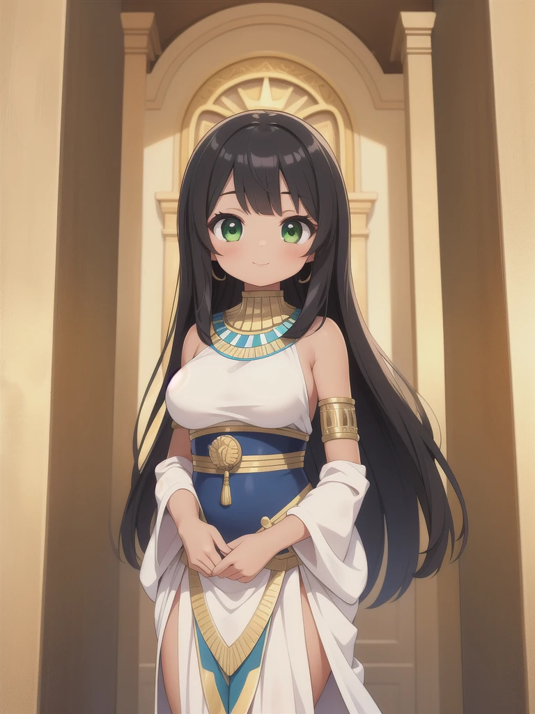 masterpiece, best quality, Super detailed, anime style, 1 girl, young, Lovely, (Tanned skin), egyptian girl, egyptian clothing, medium long hair, black hair, green eyes, medium large breasts, egyptian tomb, indoor, large room, illustration wall, warm color, pretty face, happy