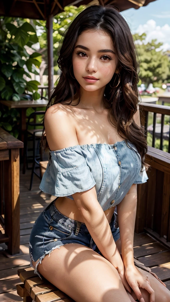 (Masterpiece, BestQuality:1.3), (ultra detailed:1.2), (hyperrealistic:1.3), (RAW photo:1.2),High detail RAW color photo, professional photograph, (Photorealistic:1.4), (realistic:1.4), ,professional lighting, (japanese), beautiful face, (realistic face), cute woman, (Brown Hair:1.5), (Big Breasts:1.2), (Smile:1.5), Trending Hair&Trending Hairカラーをランダムに, sexly, erotic sexly, Random sexy gravure poses, ((((Green off-shoulder top、Denim shorts、Beautiful smiling woman in nature。Wear a wooden pendant、Pose with one leg slightly raised。:1.2), Beautiful location, (Detailed Background))