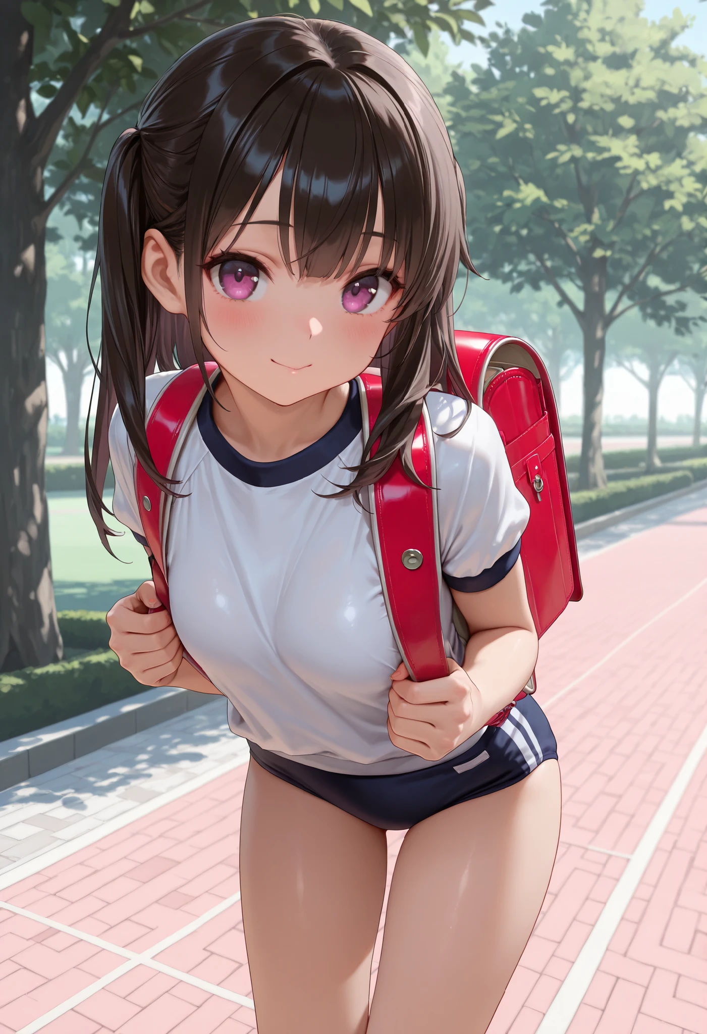(masterpiece:1.2), 8k Resolution, high resolution, (1 cute girl), wearing navy buruma and short sleeve (white gym uniform with colored hem:1.0) and carrying (randoseru backpack:1.5), from front, beautiful girl leaning forward, Beautiful skin, Radiant Skin, Park Background,