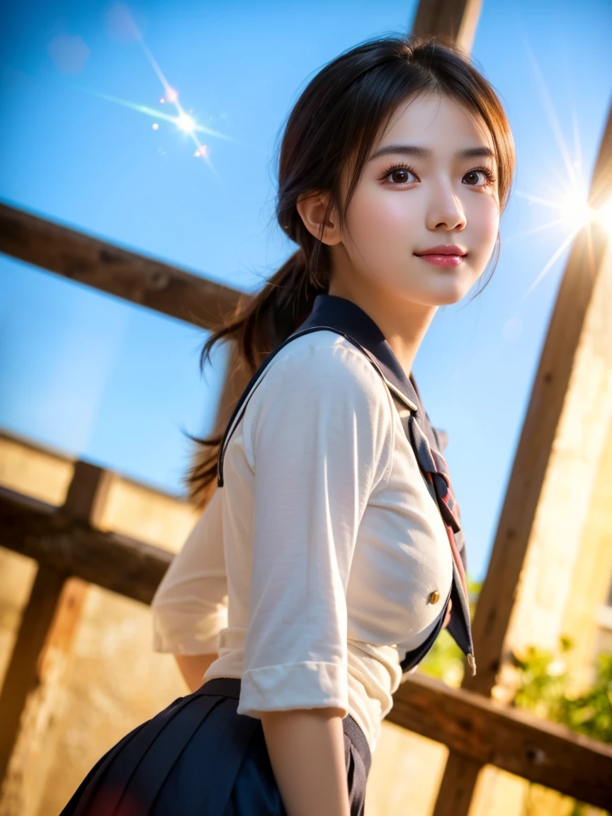 (((full bodyesbian)))、((Girls' High School Uniforms))、((１a person))、short ponytail hair、short bob hair、Close to the subject、((Han River))、(((smile)))、(((Girls' High School)))、((a beauty girl))、((sexy  pose))、Photorealsitic、Beautiful detailed eyes、Hyper-Realism、high contrast、Ultra HD、realistic skin textures、Top image quality、top-quality、超A high resolution、Fine details、Very meticulously、well-endowed round bosom, head to knees, bokeh night background 