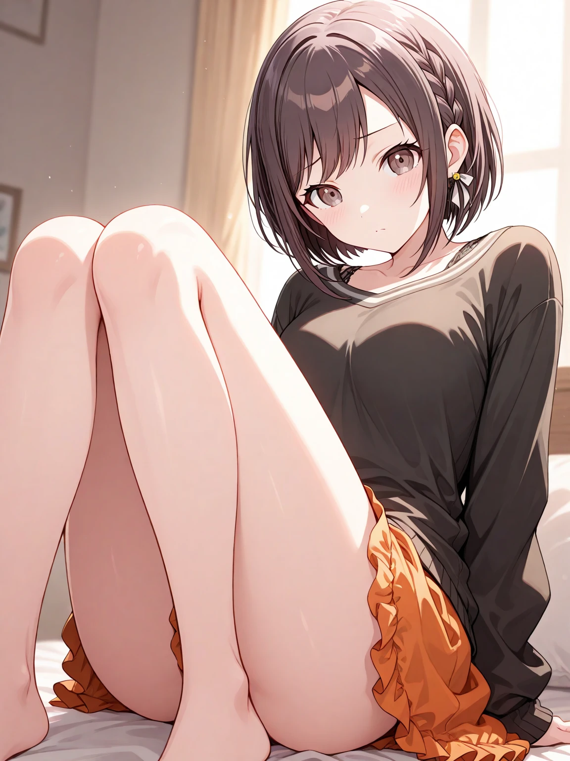 masterpiece,best quality,1girl,solo,looking viewer,miniskirt,on bed,blush,grin,open legs,spread legs,panties