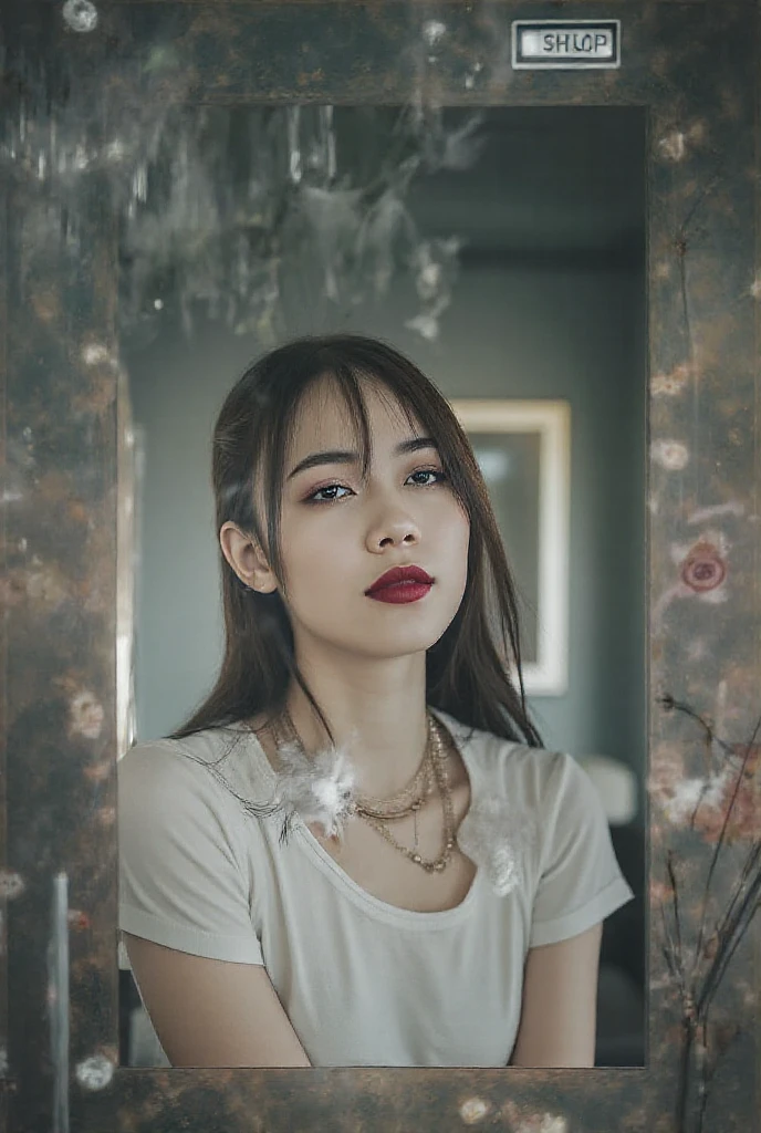 daneater, 1girl, solo, realistic, photorealistic, high quality picture, 8k, high resolution, detailed quality, film grain, natural photo, ultrarealistic, (((25-years-old woman))), Caucasian, (((Indonesian Face))), (((Background: Nature))), (((Fit))), (((Long-Straight-Dark Hair))), come hither look, Pose: leaning, She was leaning on the bed in a room with aesthetic walls, pose on the bed in a room with aesthetic walls, wearing a red pliers top