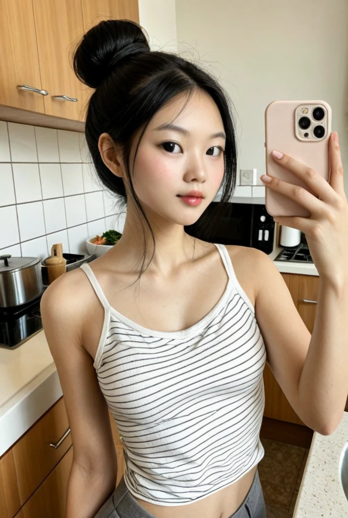 ((Realistic lighting, Best quality, 8K, Masterpiece: 1.3)), Clear focus: 1.2, 1girl, Perfect Figure: 1.4, Slim Abs: 1.1, ((Dark brown hair)), (apron: 1.4), (afternoon: 1.1), cafe, Super fine face, Fine eyes, Double eyelids, doing a painting
