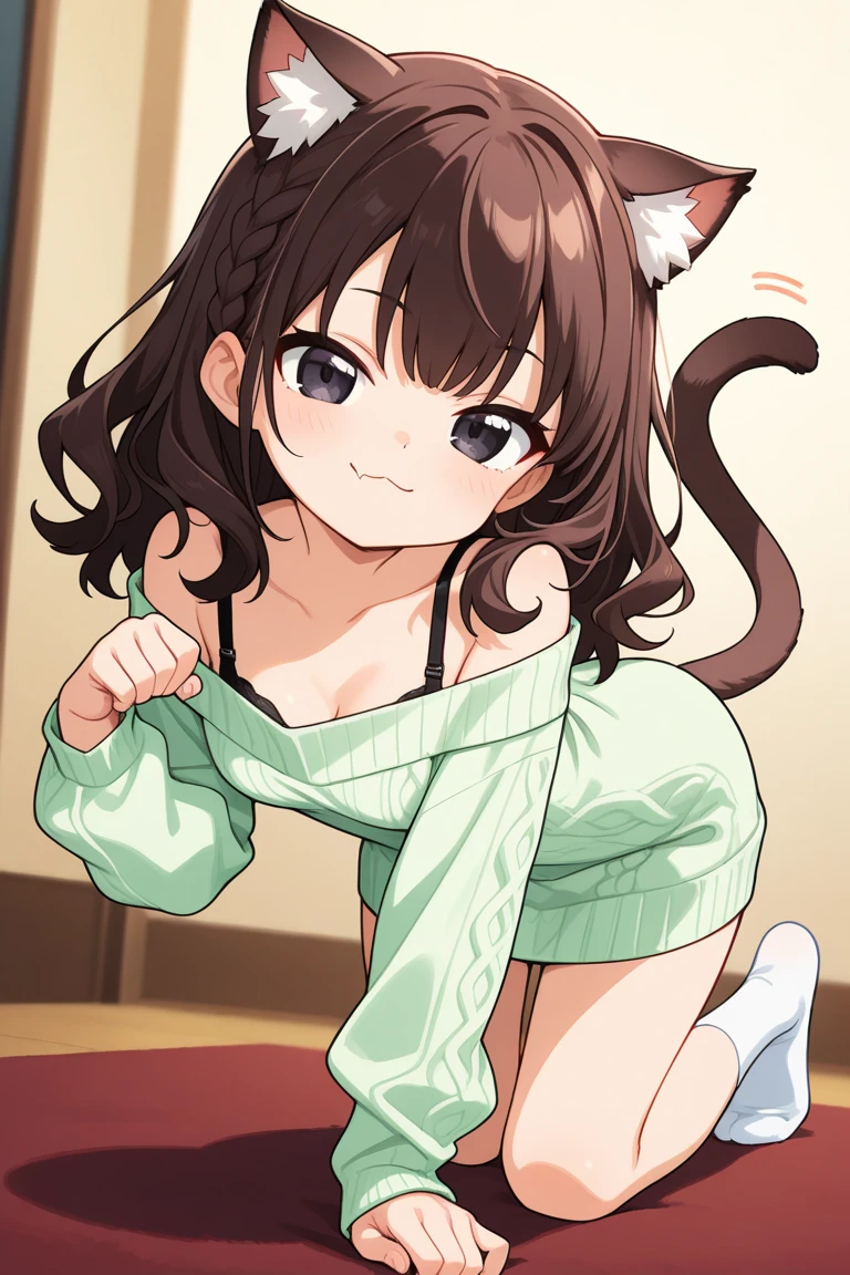masterpiece, (Best Quality:1.4),(Perfect Anatomy:1.4), High Quality, very_high_resolution, Ultra Detailed, large_filesize, Full Color, Detail, 8K, 4K, High Resolution,Symmetrical,Extraordinary, Best Aesthetics, New, Latest, Very Detailed, Anime, Detailed Beautiful Face and Eyes, Very Detailed Body, Very Detailed Hair Lovely Hands, Perfect Hands, Beautiful Hands, One Girl, Cat ears, (big breasts, cleavage, brown hair, disheveled hair semi-long hair, long sleeves, light smile: 1.5), (girl crawling on all fours on a tatami mat in 3 tatami mats, metallic pink maid bikini: 1.4), (dynamic angle, looking ahead, cowboy shot: 1.2), (open mouth, 17 years old, brown hair, short hair, cat ears, aqua eyes, maid apron, white apron, black sneakers, slender girl), (apartment for 3 Japan, daylight, light),