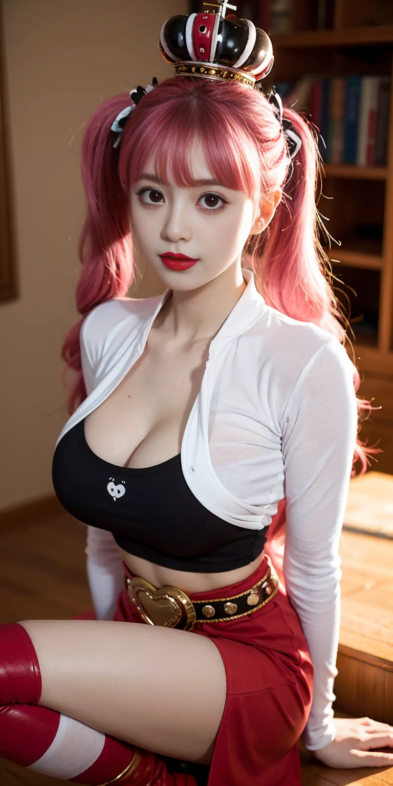 Beautiful Japanese woman,  wearing a extremely tight and short silk  puffer coat, photorealistic, masterpiece,   open coat,  , large breasts, seductive, smile,   silk bra, punk hair, punk girl, sexy pose, cleavage, beautiful eyes, dyed brightly coloured hair, heavy makeup, eyeliner, gothic, emo girl, pale skin, leather boots