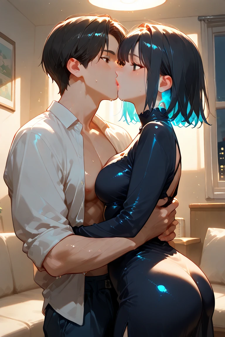 Create a sex scene between a young couple, focusing on emotional connection and mutual affection. The 16 year old young woman with short white hair, yellow  eyes, completely naked. Sitting on the 16 year old boy&#39;s penis, with yellow hair and blue eyes.