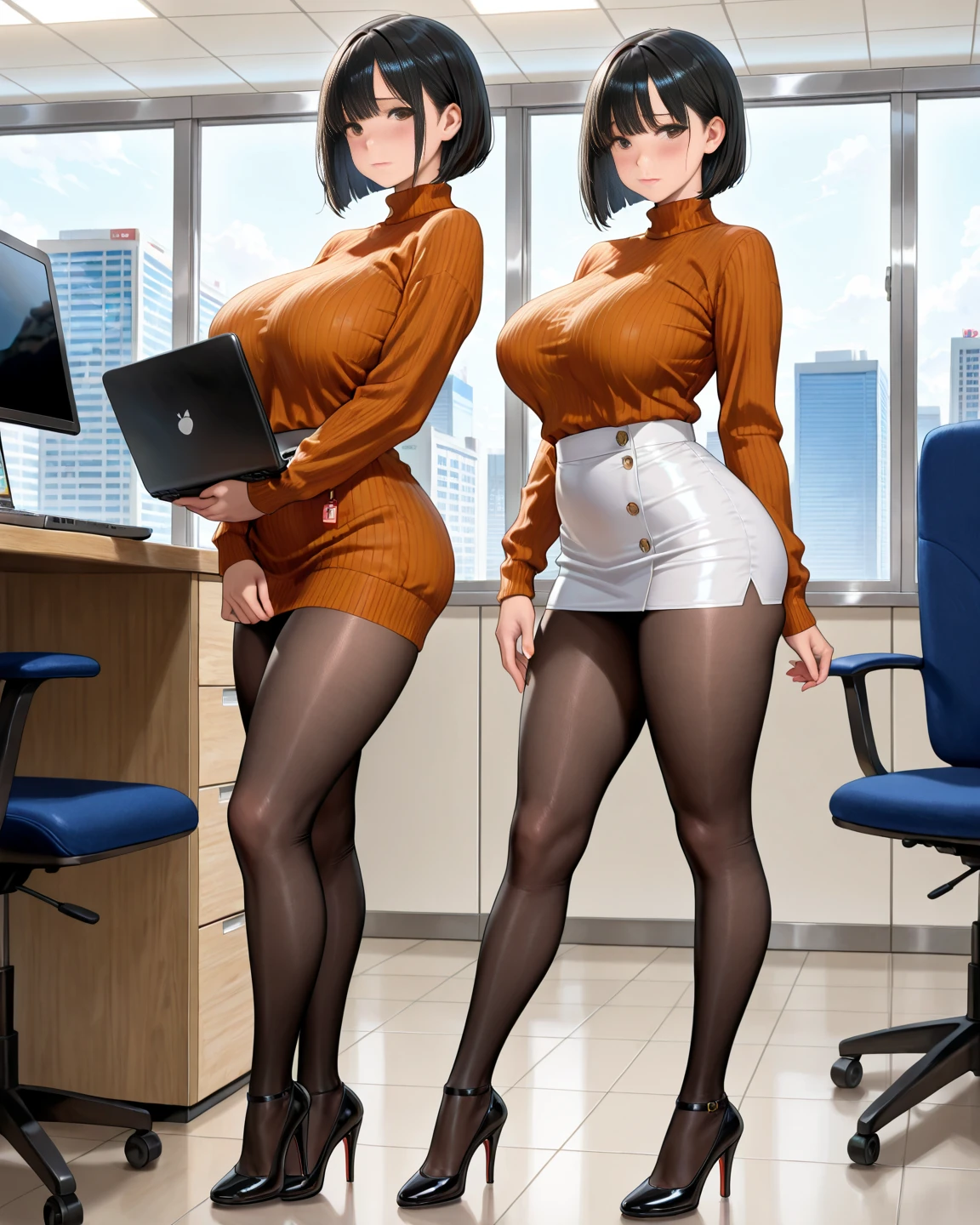 grey High Waist Cropped Work Pants Office, merula, full body, thighs, high heels, solo 1 girl, medium tits