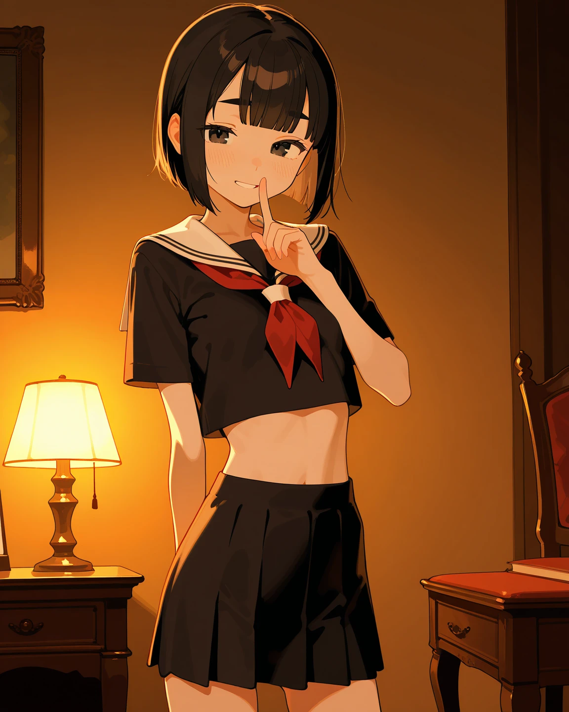 bound arms, arms behind back, rope, highres, highest quallity, illustration, ultra detailed, (detailed face), (detailed eyes), soft lighting, best quality, hyper detailed, masterpiece, looking at viewer, angry, open mouth, 1girl, solo, ((crop-top, school uniform, black pantyhose, collar, skirt)), (colorful), upper body, shack, window, night,