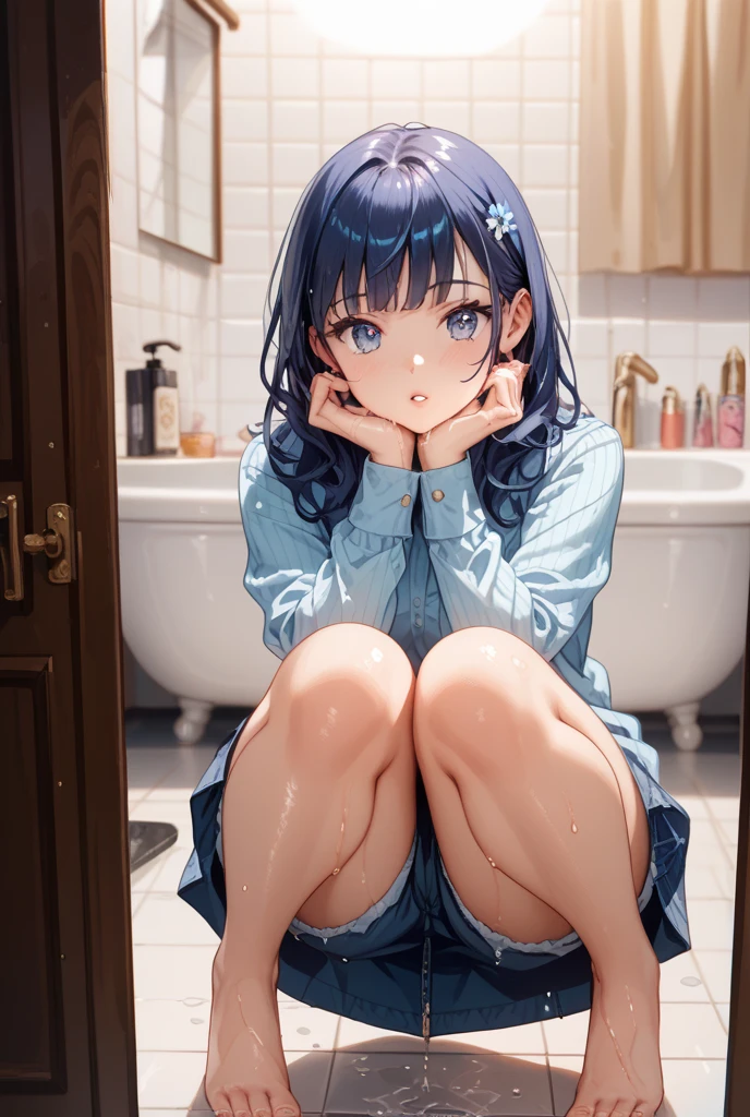 woman, cute, long air, air black, eyes blues, full body, in bathroom