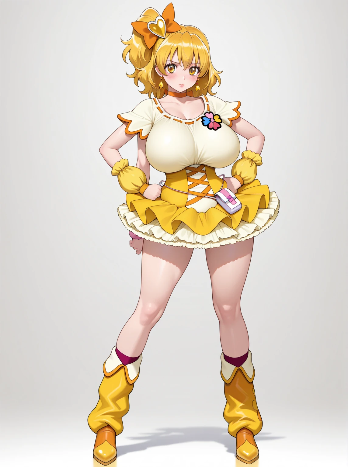 ((femele, Big breasts, Sleeveless, underboob, Short skirt, Solo, busty, thick thighs, thighs thighs thighs thighs, hair covering eyes, Fingerless gloves, Orange hair, Short hair,Bun,long boots,Plump,bbw:1.2)),Anime cel painting style, Best Quality, High resolution, Happy smile, Looking at Viewer, (Breast Focus:1.2),Cowboy Shot