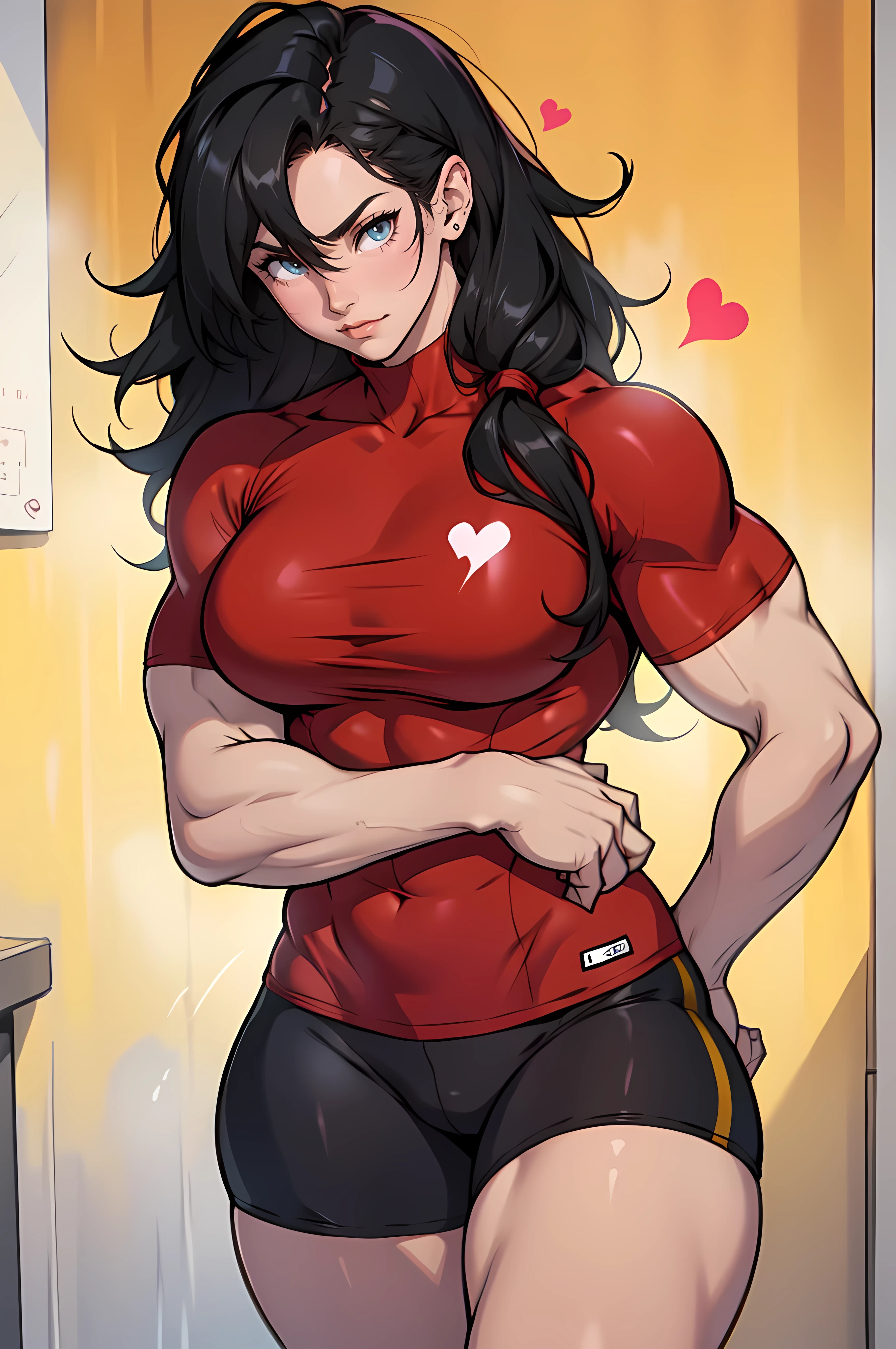((1girl)) pale skin large breasts (muscular) toned body thick thighs black hair yellow eyes (long hair) bodybuilder tight red shirt blushing (heart seductive expression) best quality hair flaps