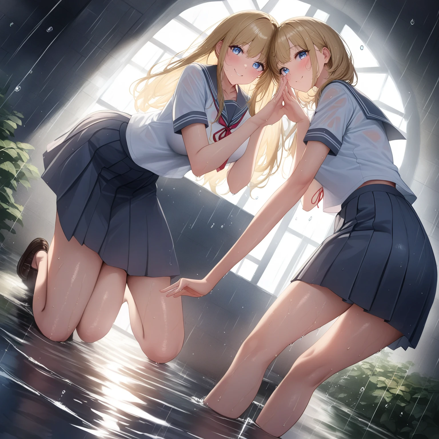 quadratic element，Blonde girl，White shirt，a black skirt，Next to the tree，rained，umbrellas，Crying maiden，Squat，frontage，blue color eyes，the night