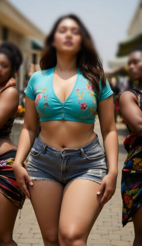 RashmikaLoRA1, RAW photo, full body shot, photo of beautiful woman, cute face,dark skin,shoe,wearing the perfect padded bra and blue shorts happy face, cool tone,standing with wide open spread legs on road in bright light and having sex  (ArtStation:1.2),the perfect padded bra and blue shorts (blue, yellow, violet),