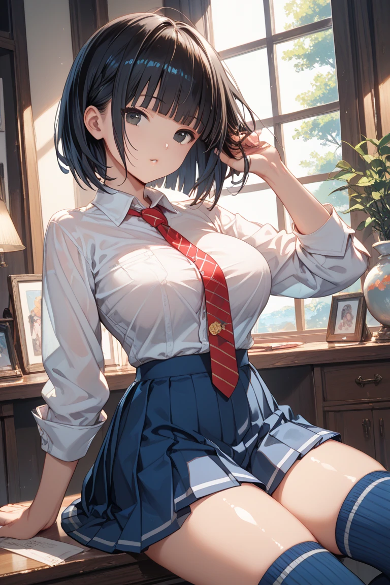 High resolution、high resolution、in 8K、Real Live Action、RAW Photosgraphy、Highest quality、masterpiece、Tabletop、erotic、Young、student、White bra,White skin,knees、(Skin-colored pantyhose)、Detailed Panty Pattern、Panty Focus、White lace panties、absurdists,Small Face、Part your bangs down the middle、The forehead is visible,(Cold look<Squinting my eyes,Glare,strong,Light anger)、masterpiece,Highest quality、超High resolution,RAW Photos,Only,Beautiful poop,one person, one person,Dark look,Small breasts,whole body、very nice、JK Uniform,（Photorealistic：1.37）、Photon Mapping,Light blue ribbon,Realistic、Cute Face,Brown eye、12 years、(Red bow tie)、Physics-based only dulling、prospect、Depth of written boundary、Blurred Background、picture,US、body,Beautiful feet, Long legs, Thin legs,Bobcut,(I can see the bangs), Lips, green_eye, Nose Soft,(open-necked white shirt), (Navy Pleated Skirt(Pull up your skirt、White panties are visible), I can see the knees,See-through clothing,Cute Japan、Sparkling eyes、Glossy Lips、Dynamic Pose,Short white socks、Showing the dirty sole of a foot raised in the air.
