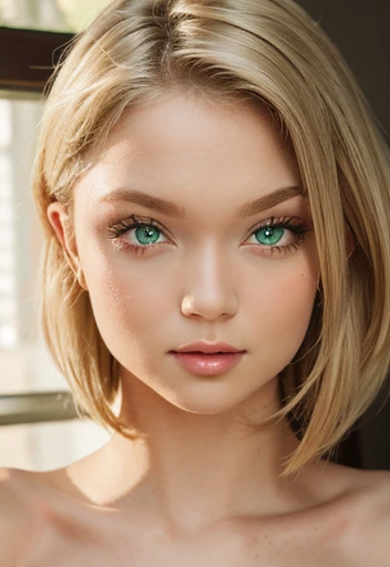 (Highest quality,8K,High resolution,masterpiece),(Realistic,photoRealistic),((full nude)),((full body focus)),(1woman),blonde,((office hair style)),(front view),(Standing upright posture),symmetry,expressionless,25 years old,((green eyes)),small face,(looking at the viewer),thin lips,small nose,(Slanted Eyes),monolid,(intense gaze),night time,(los angeles street),(outdoor),((glaring at)),((eyes widen)),(public hair),