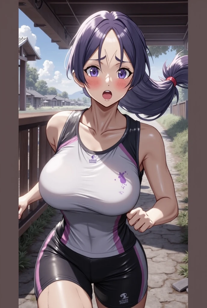 masterpiece、highest quality、Very detailed、Photograph the upper body、1 female、(Arms behind your back:1.4)、Are standing、Turn your body forward、View your viewers、(Gym suit:1.2)、blush、shy、Purple Hair、Open your mouth、outdoor sports ground、Big Breasts、