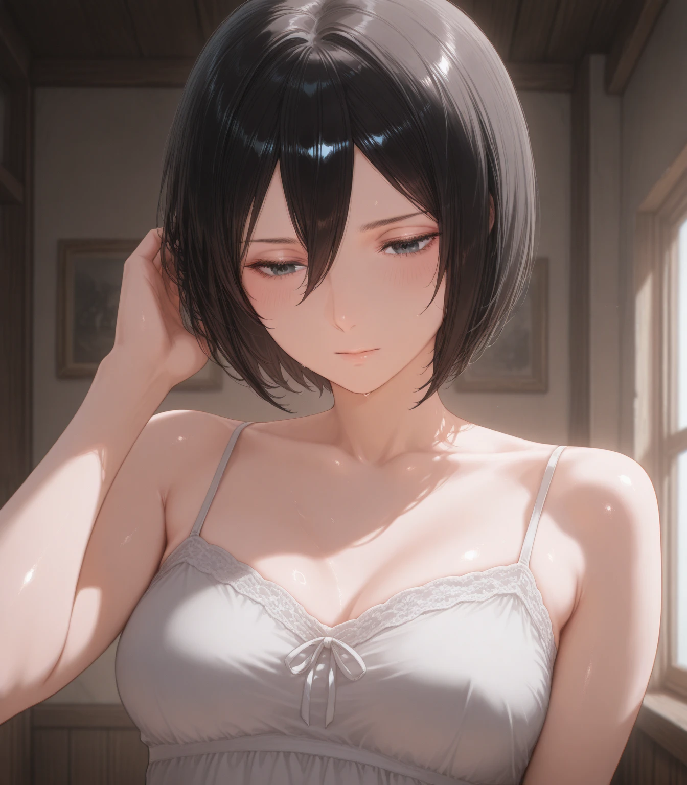 animated, cel shading, absurdres, showa, top quality, (masterpiece: 1.3), high definition, viewfinder, high_resolution, distinct_image, professional animation, very detailed, sexy, slender, small waist, nude,,, kiss marks, high resolution, super detailed, Japan anime, Top quality, very delicate and beautiful illustrations, (one woman), (cover, perfect anatomy, full body, (short hair), black hair, (slim legs), complex hair, detailed eyes, (downcast eyes), black eyes, small mouth, half-open mouth, sweat, moist, skin, flushed, chest, upper eyes, small breasts, frontal, Japan woman, expressionless, ennui, ecstatic, nymphomaniac, loneliness, sexual sensation, Moeka_Kiryu \ (STEINS ; GATE\), Moe Kiryu, looking at viewer, head_tilt, official art, beautiful detailed background, (very delicate and beautiful illustration), depth of field, bokeh, retro, hotel, western room, dim, on bed, sheets, oriental --auto --s2