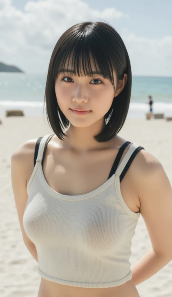 Innocent Japanese girl,high ager,Standing full body photo,standing figure、standing tall, Photo from thighs up (detailed body,bust is small,breasts are small,constricted waist,thin waist,larger hips,thick thighs) (detailed photo composition,full body shot,full body shot,camera is at eye level) (detailed face,elongated facial contour,Smile a little,sharp cheeks,round chin,clean nose) (detailed eyes,looking at the camera,thin cheeks,round chin,long eyes,beautiful eyes,dark blue eyes) (detailed hair,bob cut hair,slightly brown hair) (detailed costumes,Red tank top with small breasts, white miniskirt with belly button exposed) (Detailed shooting location,beach,sandy beach)