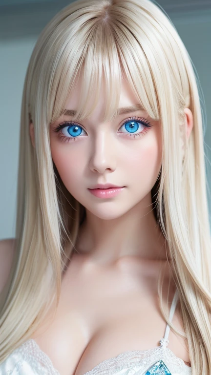 Face focus, Crazy for love, 14 years old , Frilled Summer Dress, Very beautiful blonde Scandinavian girl, Very white and shiny skin、Overwhelmingly beautiful, Beautiful shiny super long straight blonde silky hair、Blonde bangs over the eyes、Blonde hair over one eye、Blonde hair between the eyes、Has cleavage, Arms behind head, Low contrast, (Shy and cheerful expression:0.8), Hair Scrunchie, highest quality, Ultra-high resolution, Realistic photos, Very detailed, 8K, Raw photo, Perfect Anatomy、so beautiful, The Shining, Very bright light blue eyes、Very big eyes、Small Face Beauty
