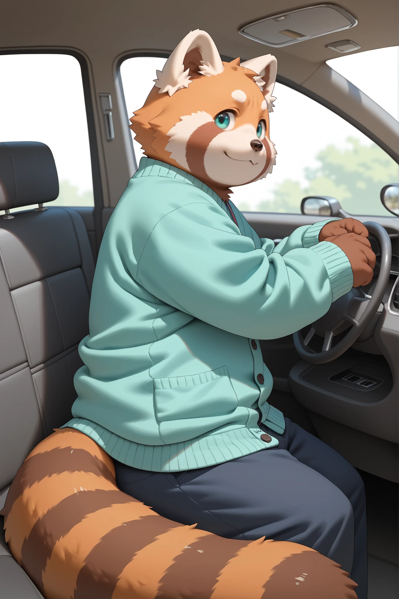 An anthro furry bear sitting in the driver's seat, fat body in tight office uniform, unbuttoned shirt showing chest hair, thick furry mustache and beard, green eyes, large belly, thick legs, thick arms, wearing glasses