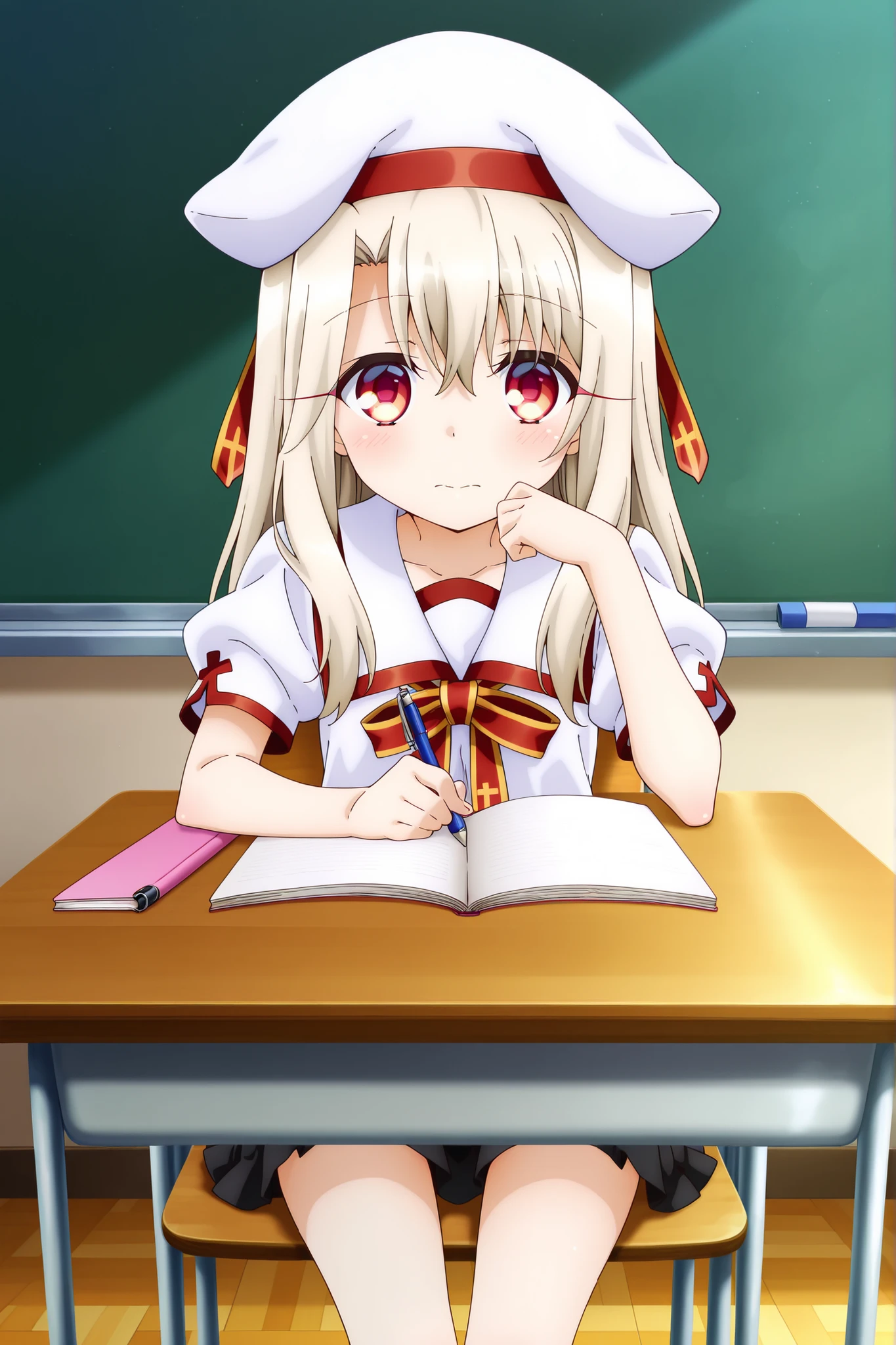 masterpiece, best quality, amazing quality, absurdres, highres,(anime screencap:1.4),solo, 1girl,illyasviel_von_einzbern , red eyes, long hair,homurahara academy school uniform, white shirt, short sleeves, red ribbon, pleated skirt, white beret,classroom ,sitting on chair,school desk,across table,notebook, pen,textbook