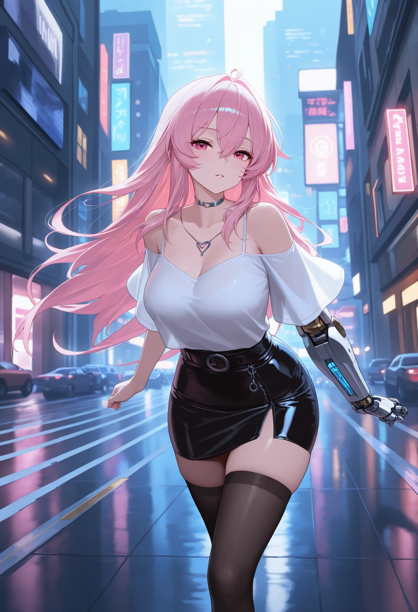 beautiful city, cybernetics , girl with a mechanical arm, A blade holds a circle, A passionate and seductive, mystical fabric the mantle develops down the wind, and the shirt emphasizes her beautiful neckline, she is an invisible deity, with beautiful jackboots, and a beautiful leather skirt, a city where the future is already here, best quality, high quality, intricate details, clearly, high detail, cinematic light, post processing , 8 k, girl on a bike rushes through a neon city,