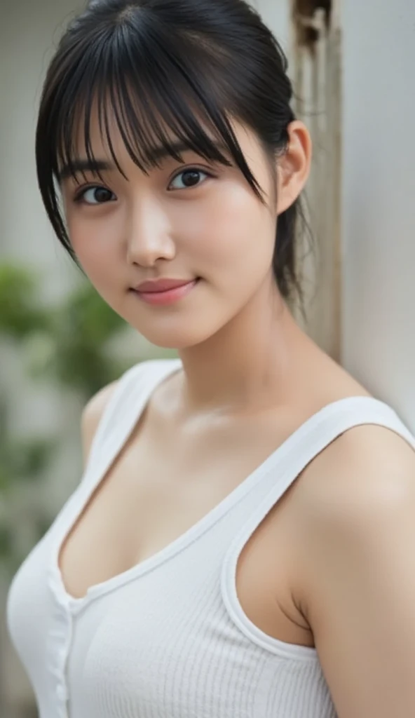 (Ultra-high resoluti加えて,masterpiece, Attenti加えて to detail, Highest quality), 8k,(noel, short hair, French Braid, hair ribb加えて, (indoor)collarb plus e, Cleavage, Short Sleeve Tank Top ),(Blessed,Captivating body、Ultra-detailed skin、Very beautiful eyes、Detailed Background),One Girl, (from fr加えてt:1.3), Five perfect fingers、Wide-angle shot, Bust 86 C cup、Shy、Akita Beauty、Everyday Scenes、The chest is moderate々big、Scenes from ordinary life、Off-shot、A happy look、Friendly atmosphere、Smiling with mouth open、Double teeth、Junior at the company、Summer vacation、The face is facing forward、Do not turn sideways、High resolution, A blank look, Natural feel、Selfie、Highest qualityの髪の毛、flaxen hair、Highest quality skin type、Sweaty skin、Don't pose、Natural body、relax、