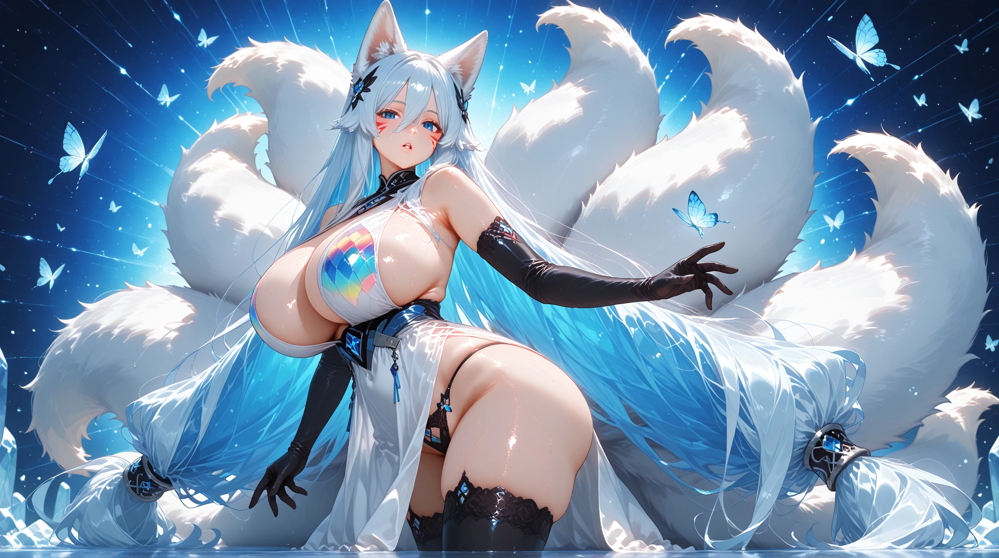 Best quality at best，Extreme detail，详细的脸，adolable，pretty eyes，double tails，Yellow，M open legs，Siamese shredded meat，thongs，Flesh-colored socks，Love education，how to_On_vagina，1boy，is shy，sweat leggs，The point is clear，Sheer Thong，Shallow depth of field accentuates the female body。Images are layered，creating a sense of depth and dimension。Lady body perfect。Her body looked wet，glittery。The facial and skin texture is very detailed，Every pore and wrinkle can be captured。The eyes are particularly complex，Double eyelids add to the attractiveness。（（（（exhilarated））），Translucent clothing，（Best quality at best），（highly  detailed），（tmasterpiece），（ultra - detailed）Translucent clothing