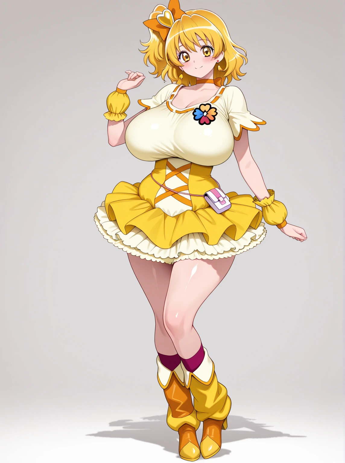 score_9, score_8_up, score_7_up, gloomy, black background,
BREAK

BREAK
1girl, curepeace, ponytail, yellow hair, elect big nipple, huge breasts, smile,
yellow magical girl, navel, wing hair ornament, cropped top, frilled wrist cuffs, friled skirt, thighhighs, , thigh boots, heels,
tall, leggy, , shiny skin, wide hips, tight waist, thick thighs,
, 



, full body, standing,
looking_at_viewer,