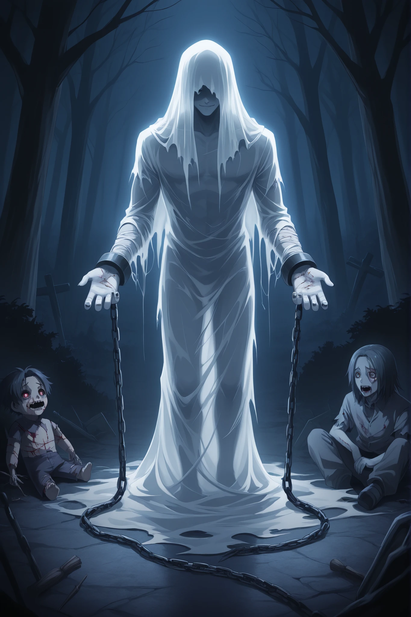 ghost; cold; zombie; spirit; Young guy; torn clothes; chained; many chains all over the body; an ethereal transparent ghostly body; many wounds and abrasions; in the hands of a voodoo doll and nails; dark mauve forest; creepy atmosphere; among graves in the cemetery; DEEP NIGHT