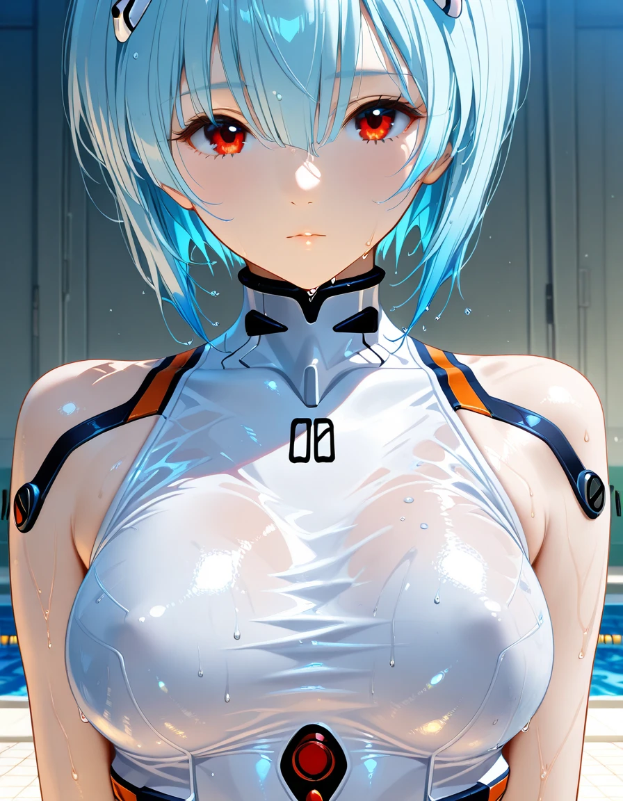 (masterpiece, best quality, ultra-detailed, 8k, wallpaper, photorealistic), ((perfect hands)), ((perfect anatomy)), medium cleavage, long round legs, round ass, ((alluring anime girl)), ((Rei Ayanami)), ((capturing her ethereal beauty with pale wet skin, wet short indigo hair)), ((and bright crimson eyes that seem to hold a mysterious depth)), ((she wears her signature wet white plug suit, sleek and form-fitting, with subtle blue accents)), ((close-up shot)), ((dynamic background)), ((sensual pose))