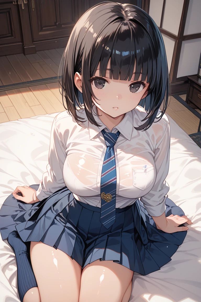 master piece,anime style,1 girl,large breasts,short hair,glare,teary eyes,school uniform,woman on top,vaginal,sex,bottomless,skirt hold,show off pussy,1 boy,pov hands,grab breasts ,inside bedroom,nsfw