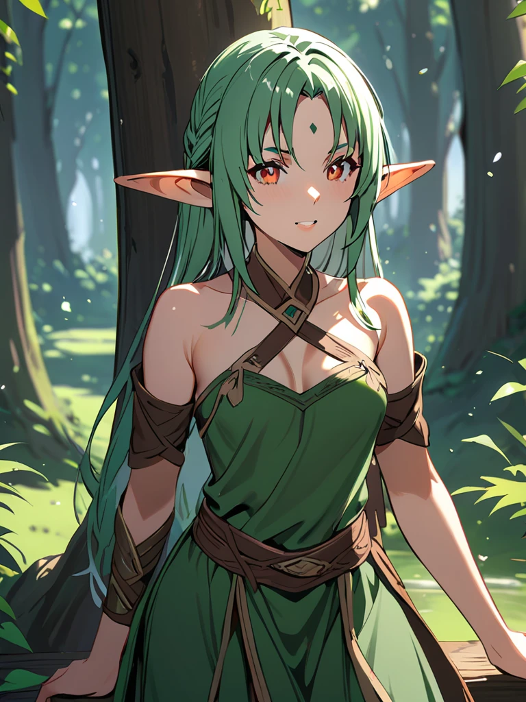 (masterpiece, Digital Art, Digital Illustration, 4K, 8K, Ultra-detailed, beautiful image, Sharp Image, Photorealistic, Raw photo, Perfect face, Perfect lines, Perfect eyes, Soft lighting), (((solo))), ultra detail, RPG, Dungeons&Dragons, medieval, fantasy, woman, determined, attractive, hero, elven druid, ((((green long hair, bangs, braid, green eyes, pointed ears)))), ((blush face, alluring smile)) ((((big breasts)))), (((tribal costume, tribal panties, green clothes, hair ornaments, head band, leaf ornaments, animal fur, leather belts, leather pouchs, straps, cleavage))), in a dark forest, night, (((((upper body, from behind))))), green face paint, ram horns, (((arms behind back)))
