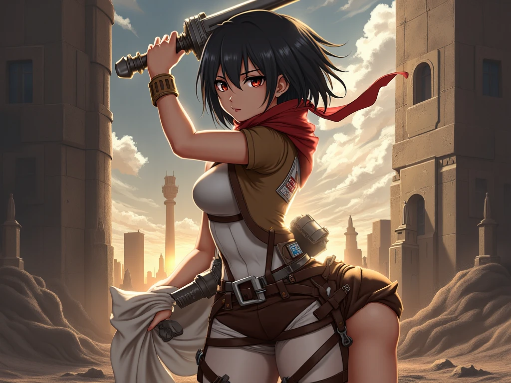 mikasa in attack on titan, anime girl, hot, attack on titan art, bikini, with blade