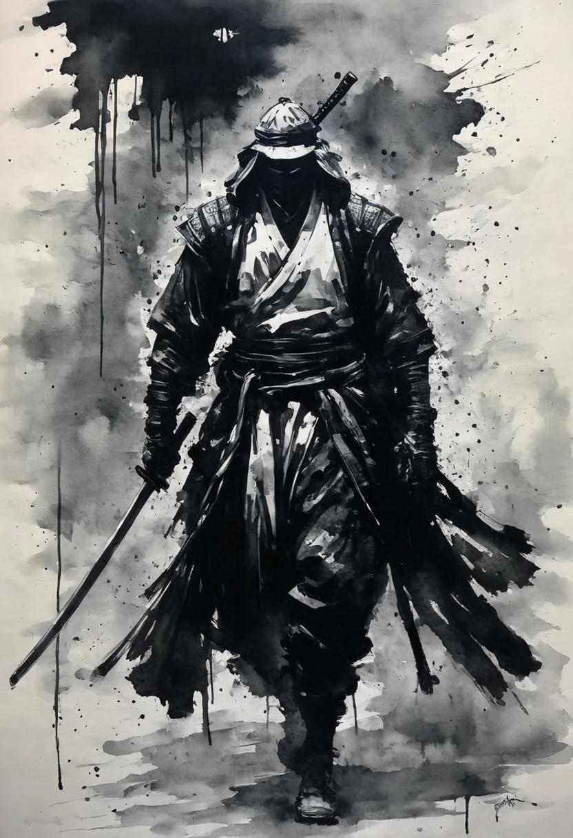 old book style ink illustration, on parchment, ink splashes, ink stains, ink smears, faded ink, samurai chubby Dzungarian capibara, katana, coat, pantless, linquivera,  on parchment