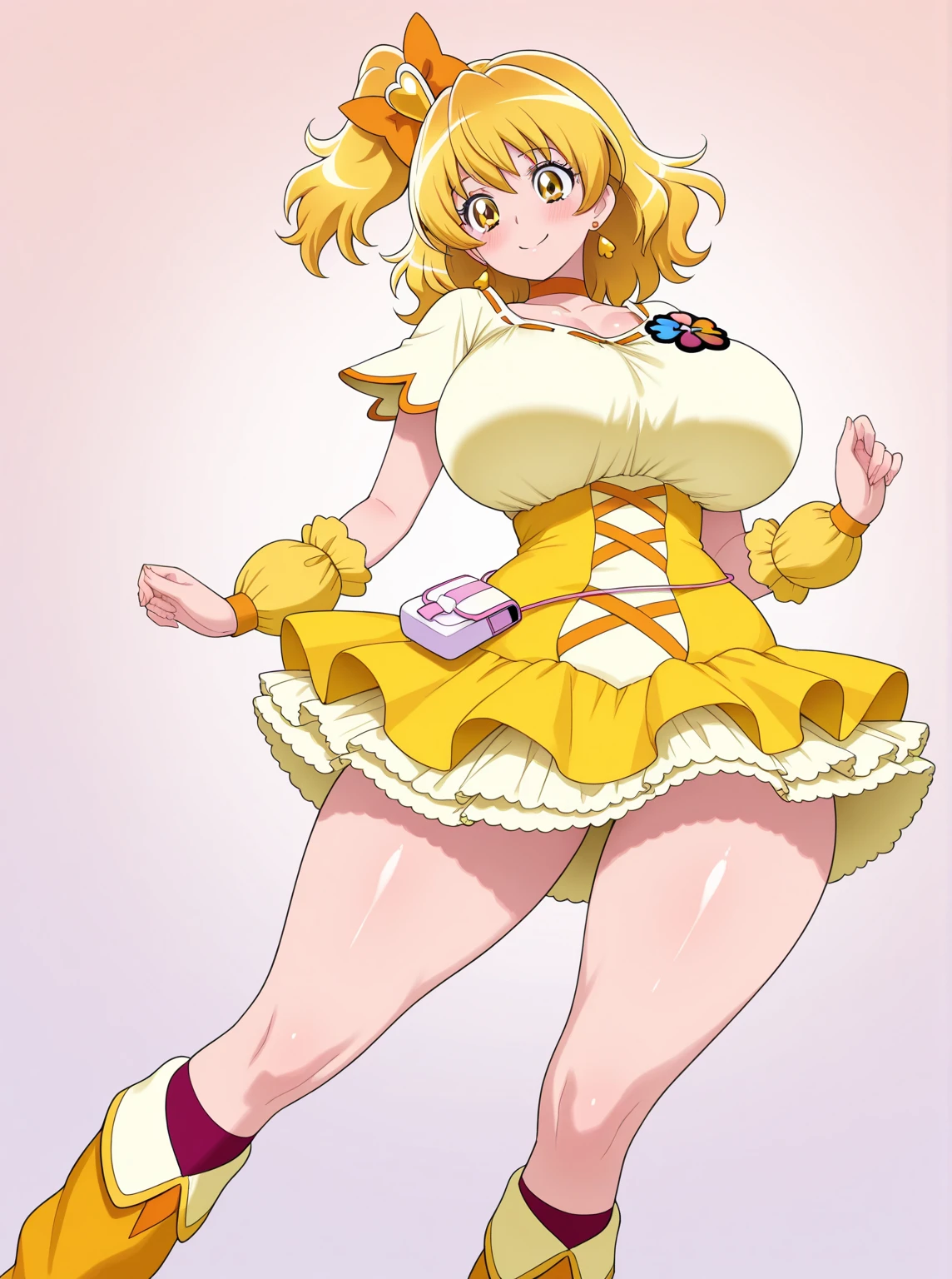 MariaRenard, 1girl, blonde hair, very_long_hair, voluminous hair, dress, solo, blue eyes, pink dress, braid, long hair, bow, twin braids, hairband, maria renard, 1girl, blonde hair, green eyes, open mouth, hair bow, smile, puffy sleeves, jewelry, short sleeves, puffy short sleeves, red bow, brooch, castle, looking at viewer, :d, ribbon, masterpiece, high quality, very_high_resolution, large_filesize, full color, (gigantic breasts:1.8), ((gigantic sagging breasts, gigantic breasts, sagging breasts)),(saggy tits:1.1),(sagging breast:1.1)