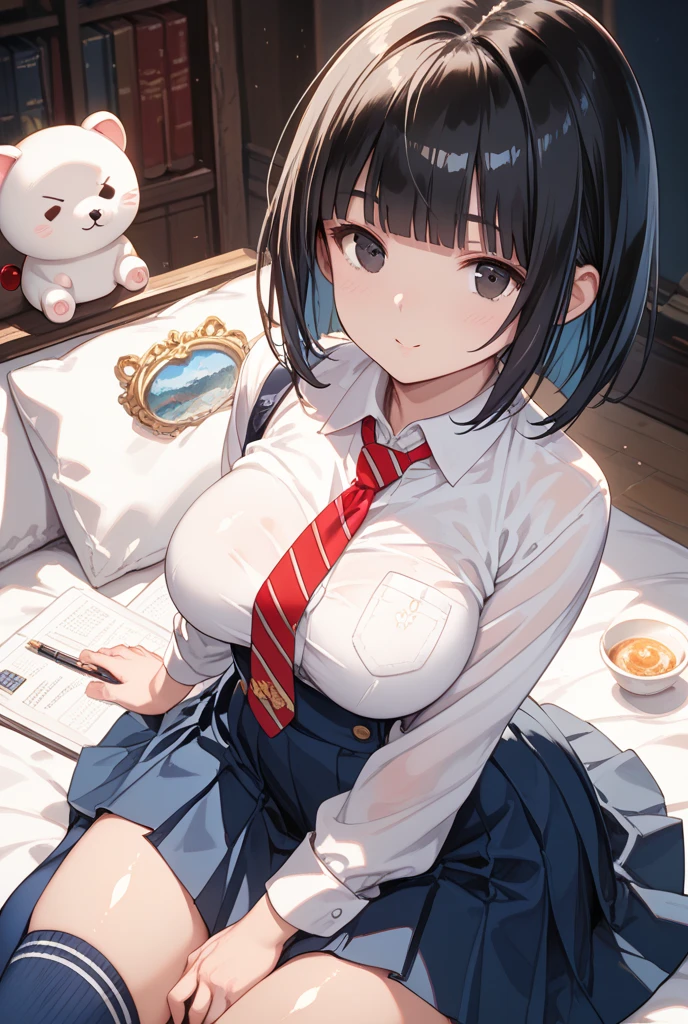 student girl in the bookstore with a Japanese school uniform, big breasts with cleavage, good body, short hair, black color, with a book in her hands, inside a library, sexy, drinking a cold coffee