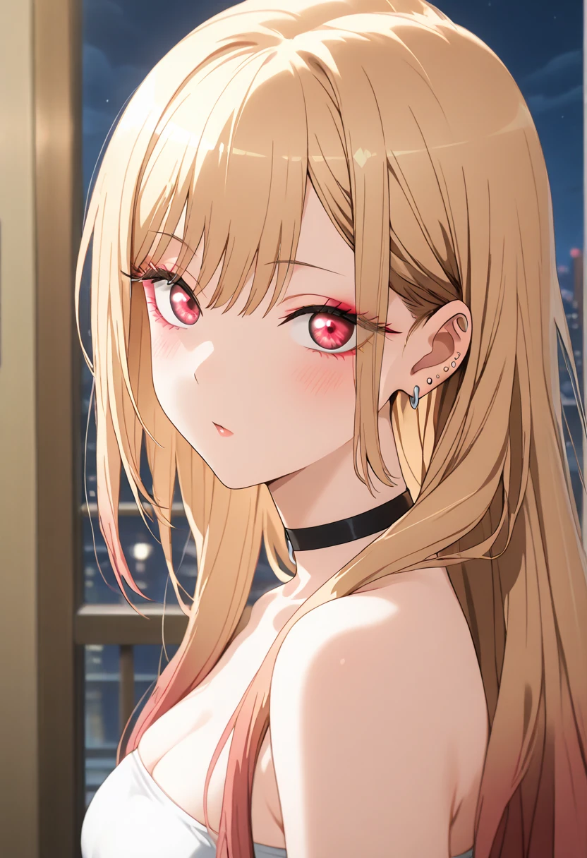 Adult woman, pink eyes, long blonde hair, beautiful red dress, night