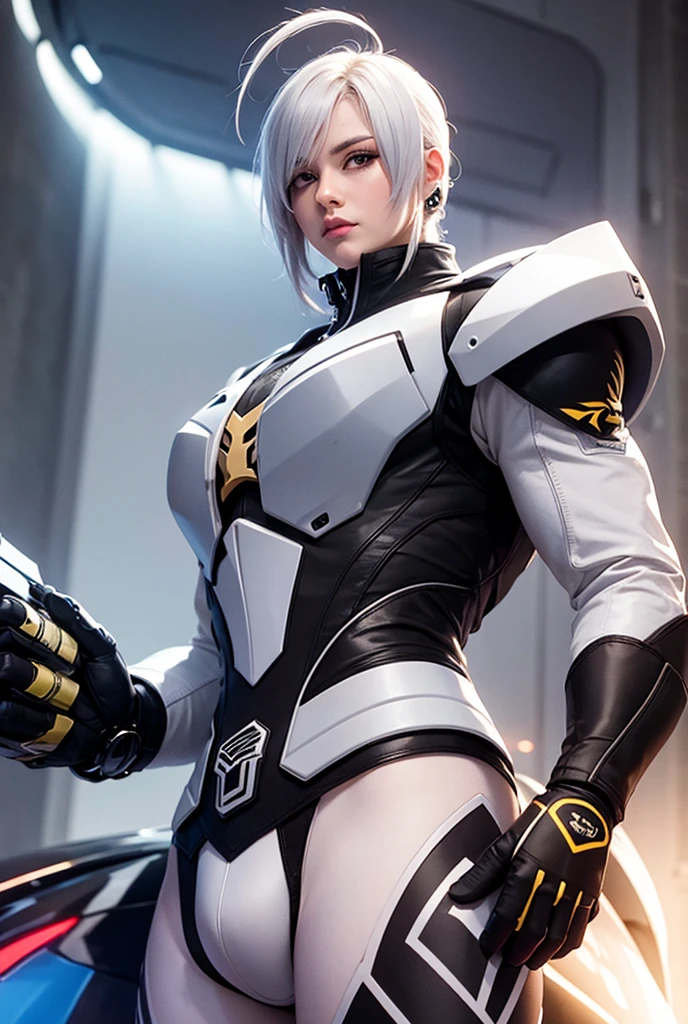 photorealistic, high resolution, 1women, mature female, solo, hips up, mercy, bodysuit,short hair, hair tie, wings