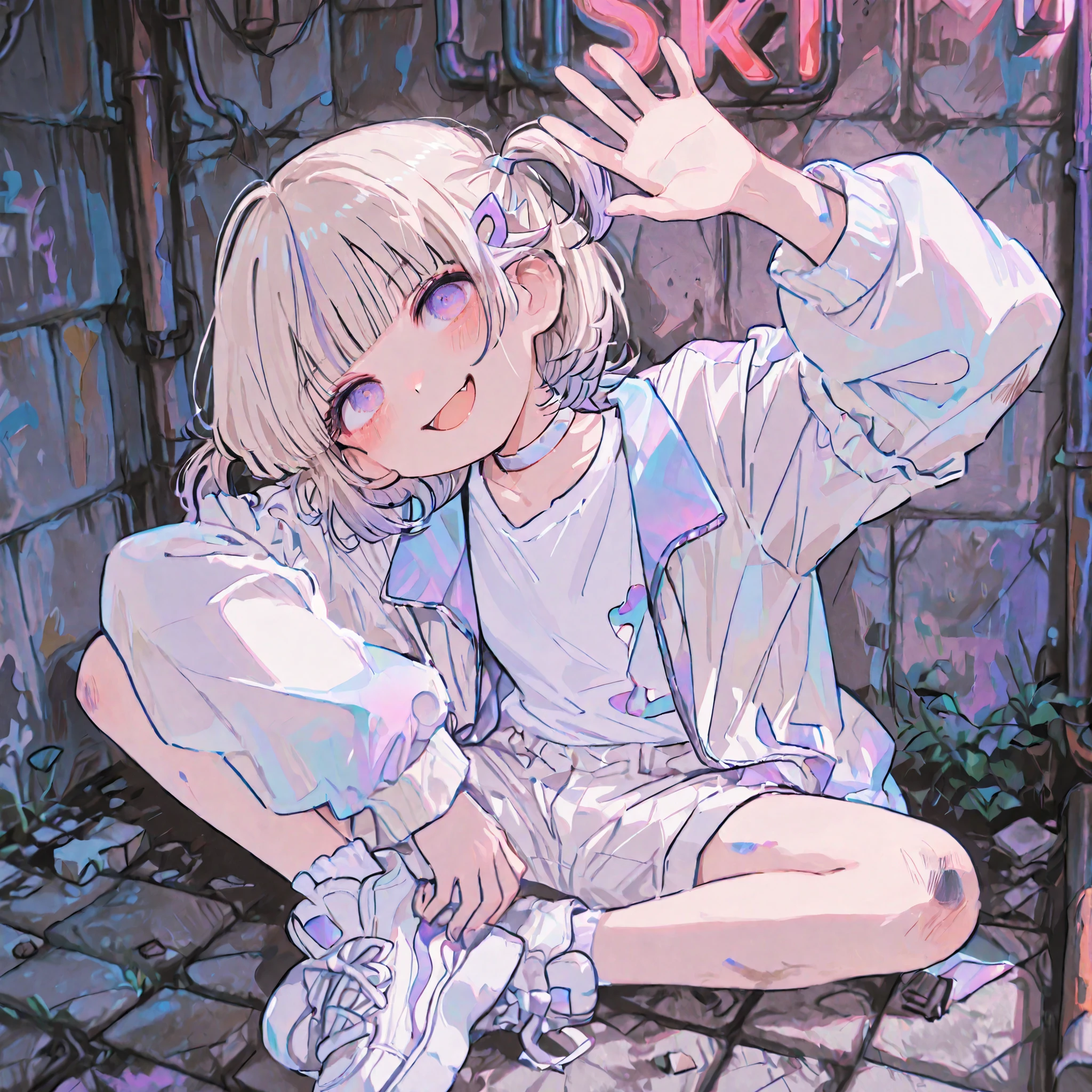 ((Todoroki hajime)), ((Masterpiece)), ((best quality, very aesthetic, absurdres, newest)), (wide shot, from above), (detailed background), (8K), (cinematic lighting), ((1girl)), cute young girl, (Healthy body, Textured skin, small breast, tilt head), multicolored hair, short hair, gradient hair, pale-purple colors Hair Tip, two side up, hairclip, loose blunt bangs, (white choker, white shirt, white jacket, gradient jacket, white shorts), white sneakers, ((small chest)), BREAK, big eyes, (pale-purple eyes, gradient eyes, upturned eyes), (smug, open mouth, blush), (loose arm up), loose sitting on the Dirty concrete blocks, outstretched legs, (on the Unsafe back alley, neon sign), TodorokiHajime,