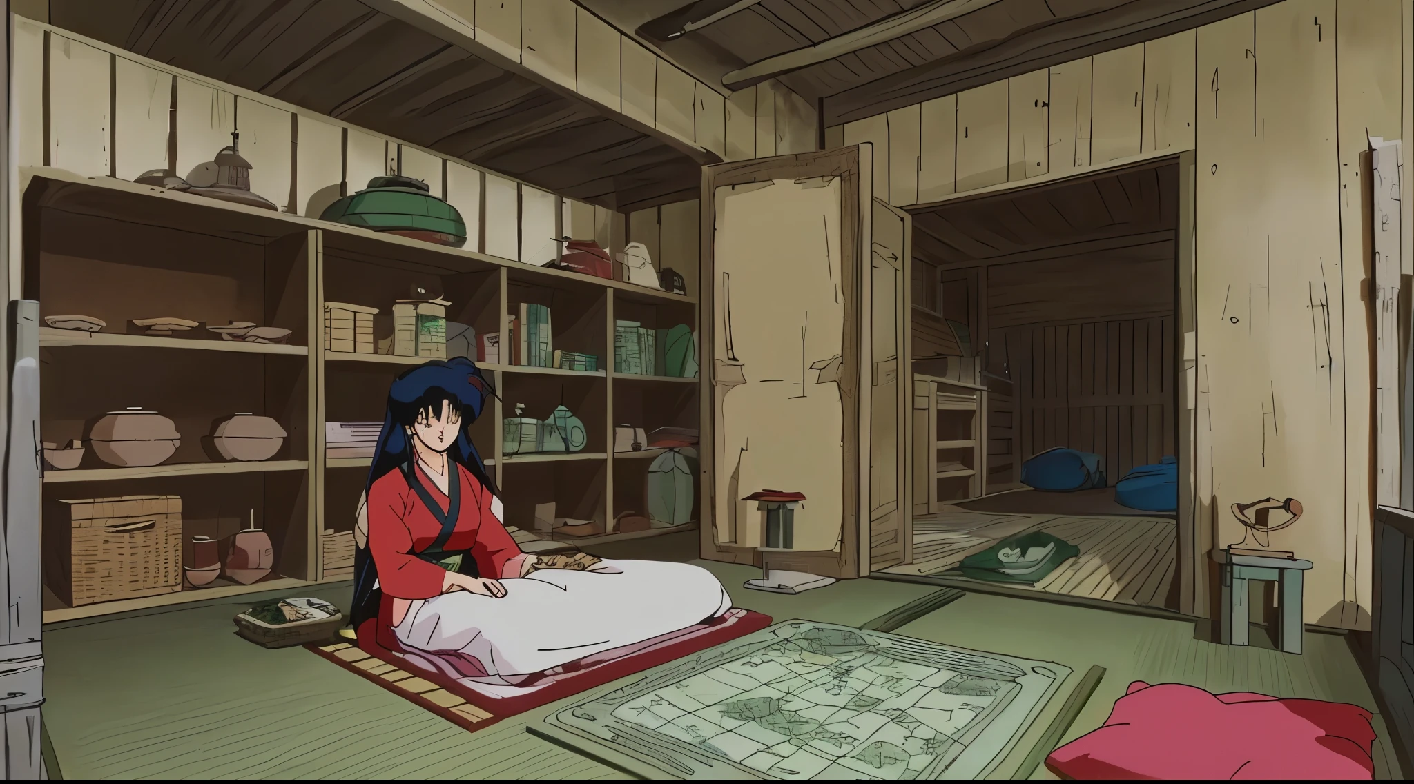 (Drawn in 80’s anime art style.
Retro anime. Vintage Anime. Classical Anime.
Location: Sango’s Family Hut (Warrior Residence)
• Purpose: The living quarters and planning space for Sango and her family.
• Design & Details: Traditional wooden hut with low tables, weapon racks, and tatami mats. Shelves of herbs, maps, and demon artifacts are carefully stored.
• Ambience: Warm and humble, with a sense of organized purpose.
• Emotional Tone: Familiar and intimate, carrying echoes of familial love, duty, and later, profound loss.