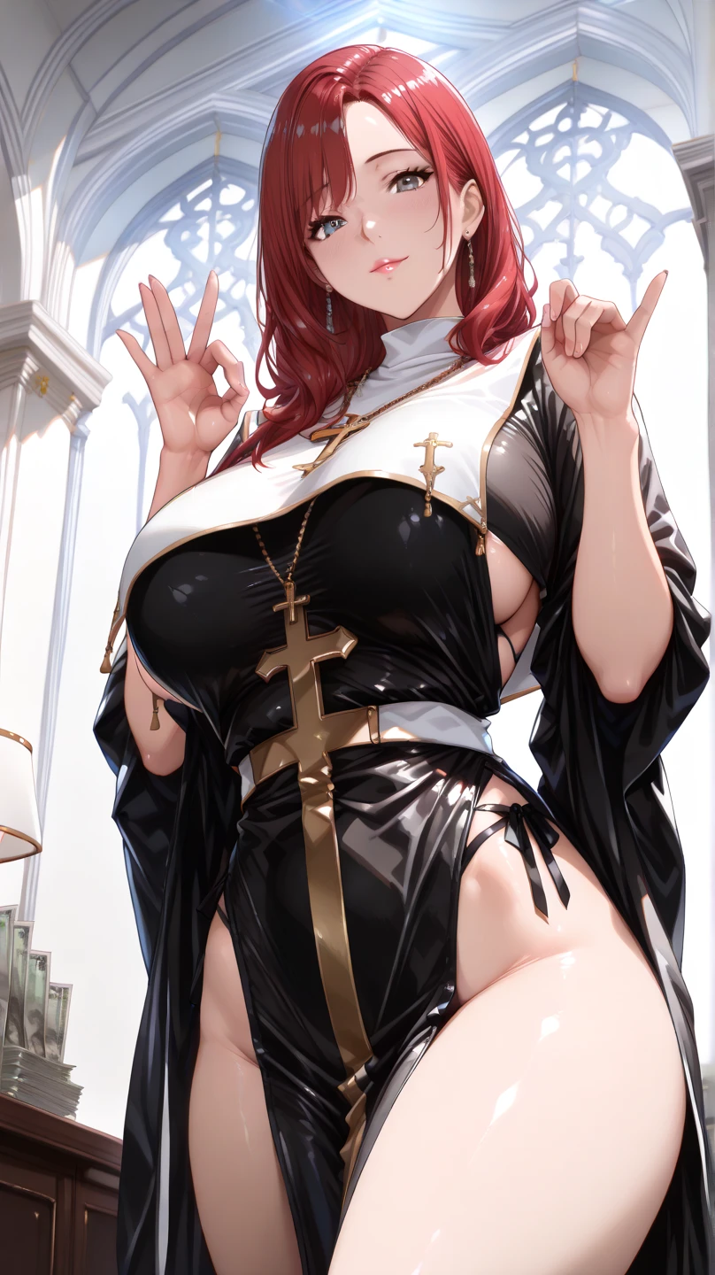 long hair, orange hair, (dark skin female), (nun), big breasts, Big ass, Deer antlers, large horn, heavy body, large body, venus body, gigantic large tits, red blush, stockings,garter belt,