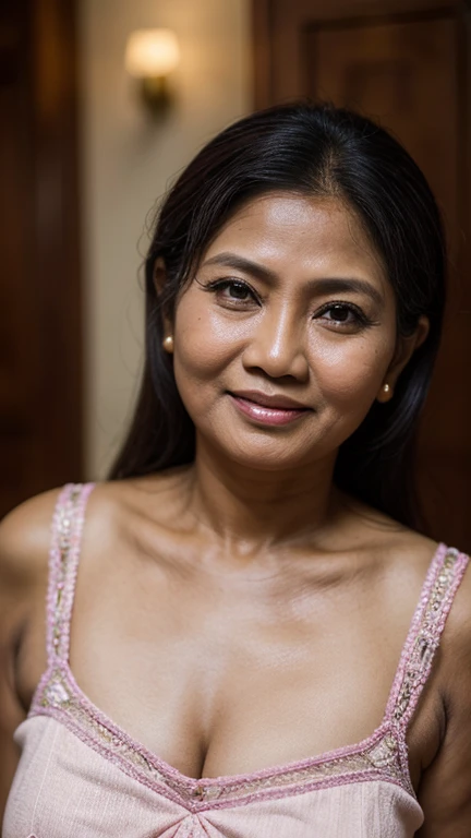 a portrait photograph of a beautiful ((mature)) Brunei woman, wearing dress, busty, smile, award winning photo, best quality, portrait by annie leibovitz, canon 5d mark ii, film, professional photograph, shoot from below, (rich colors:1.1), hyper realistic, lifelike texture, (natural lighting:1.1), (Canon EF 85mm f/1.4L IS USM)