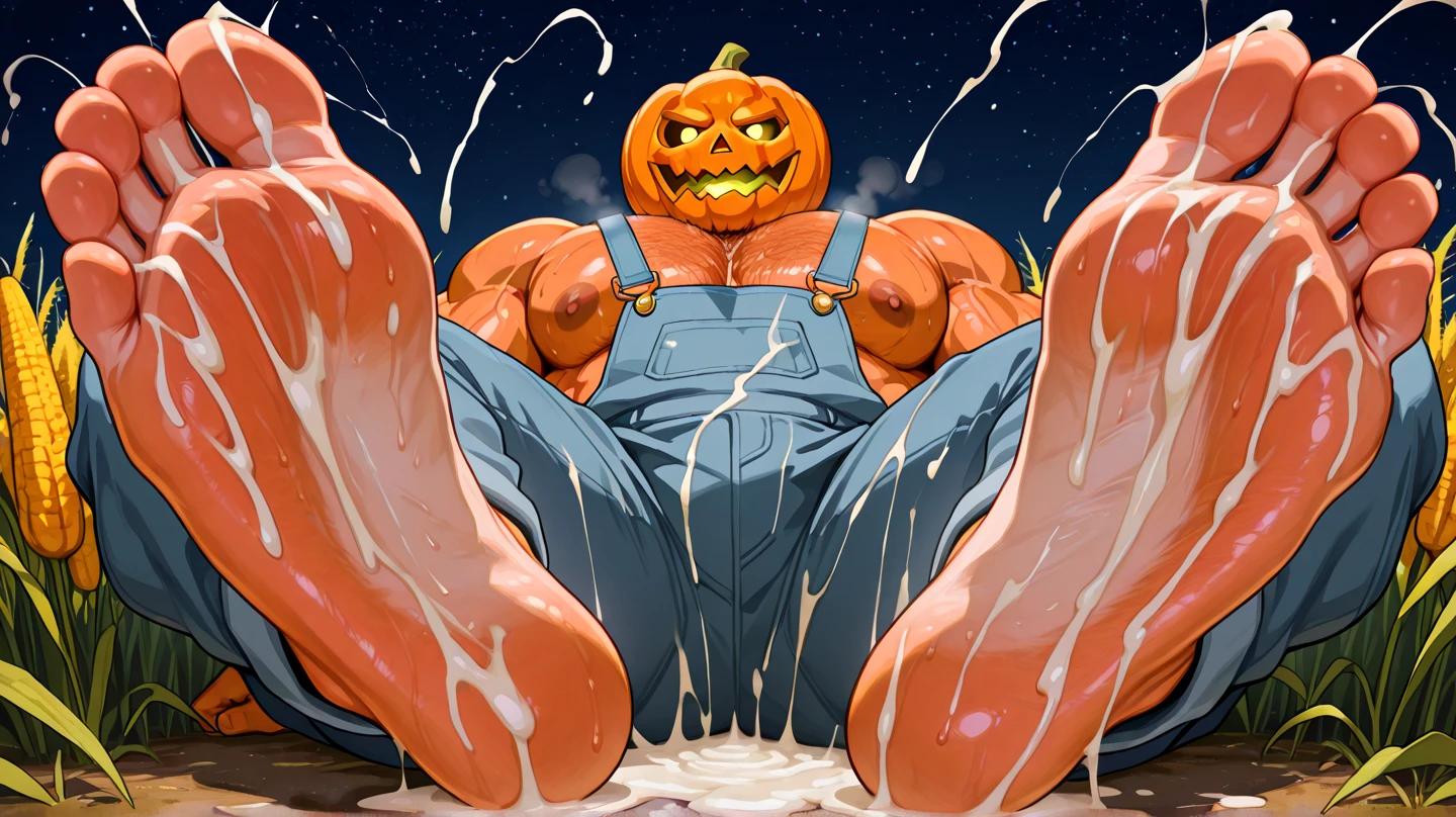nsfw, (((High resolution, best quality, masterpiece, high detailed))),
(((man with pumpkin head))), (musclegut:0.9), Male, (human body), (dark skin:1.8), glowing eyes, (Big penis, Large penis:1.2),
((((Sweaty)))), ((loathing)), ((blush)),
((((He's wearing a coat)))), (torn clothes:1.1),
(cum, cum everywhere, excessive cum, cum on body, cum on face:1.3)
(Tentacles, tentacle bondage, penis milking ,tentacle milking, bondage, erection:1.5),(Tentacles entwined around the body:2.0), (((solo))), (stand against the wall:1.7), (arms behind back:1.5),(dutch angle:1.5),