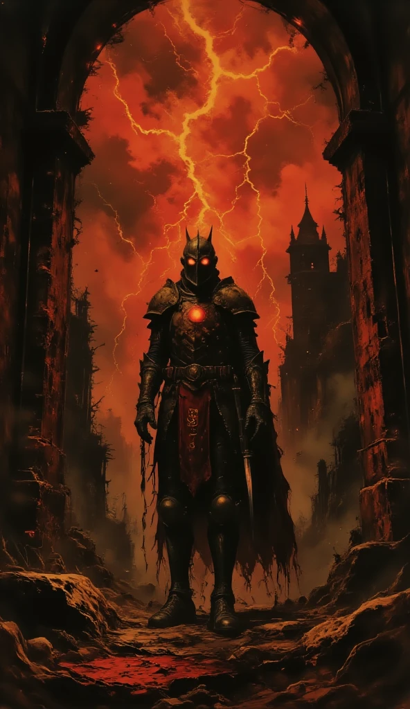 (extremely detailed 8k wallpaper), a medium shot photo of  Grim dressed as a scary masked orange nature-supervillain in an orange armour made of orange glowing armour from marvel, theme, intricate, high detail, dramatic, old building with orange signs in the background