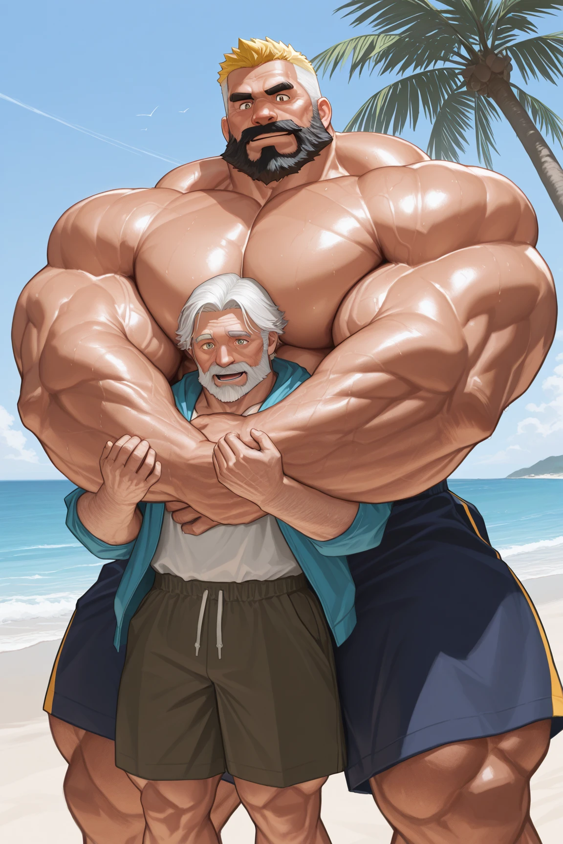 beach, extremely huge muscular, massive muscular, full-body , (topless, shirtless, shorts), well-muscled old man. ((extremely muscle size, super thick arms, huge pec, extremely wide pectoral , huge arms)), wide smiling. Add textures and details to make the image more realistic, such as the appearance of the. Make sure the resulting image is high resolution, 8K quality